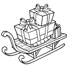 Wooden Sled with Stacked Ribbon-Wrapped Gifts  Line Art Vector