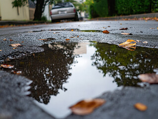 Fototapeta premium Autumn leaves float serenely in a puddle reflecting old buildings on a rainy day