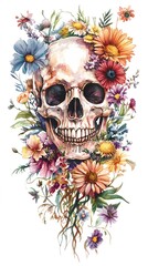 Fototapeta premium Skull with Flowers, Floral on White Background, Abstract Image, Texture, Pattern Background, Wallpaper, Cover and Screen for Smartphone, PC, Laptop, 9:16 and 16:9 Format