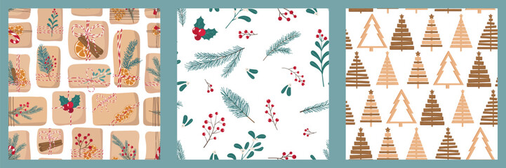 Christmas seamless Patterns in eco friendly style. Gift in craft paper with organic Decorations, handmade wooden Christmas Tree, branches and Berries Background. Cute modern natural pattern set