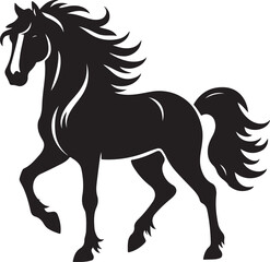 A black and white drawing of a horse with a black tail