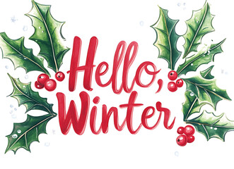 A cute "Hello Winter" lettering in a pastel watercolor palette features snowflakes and holly berries, creating an adorable and festive design. Perfect for seasonal greetings and holiday decor.