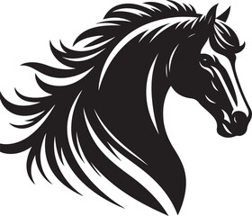 A black and white drawing of a horse with a black tail