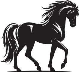 A black and white drawing of a horse with a black tail