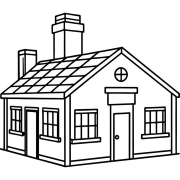 recommend clip art: Workshop Building Outline with Chimney and Toys in Windows line art vector
