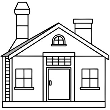recommend clip art: Workshop Building Outline with Chimney and Toys in Windows line art vector