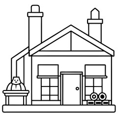 Workshop Building Outline with Chimney and Toys in Windows line art vector