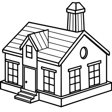 recommend clip art: Workshop Building Outline with Chimney and Toys in Windows line art vector