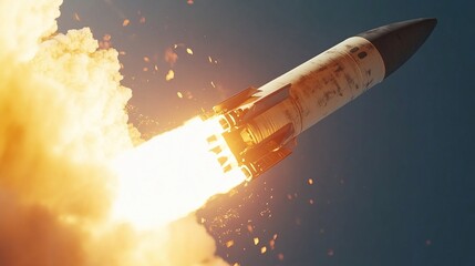 Obraz premium Rocket launching with flames and smoke.