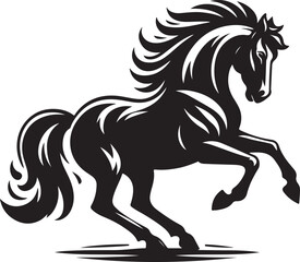 A black and white drawing of a horse with a black tail