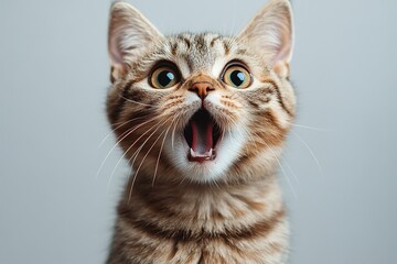 A cat displaying an angry and surprised look with a humorous and excited expression, isolated on a transparent PNG background.