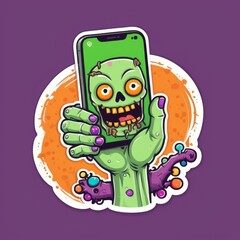 A cartoon zombie hand holds a smartphone displaying a vibrant skull with glowing eyes and the word "Zombie" on the screen, set against a fun and spooky purple background