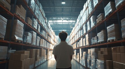 person inspecting warehouse aisle with boxes, overseeing logistics and storage organization, ensuring effective inventory management for smooth shipment and distribution processes