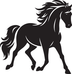 A black and white drawing of a horse with a black tail