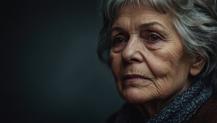 Close-Up Portrait of Serious Elderly Woman with Wrinkles and Gray Hair
