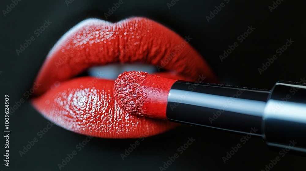 Wall mural   A red lipstick close-up with a brush brushstick tip emerging from its mouth