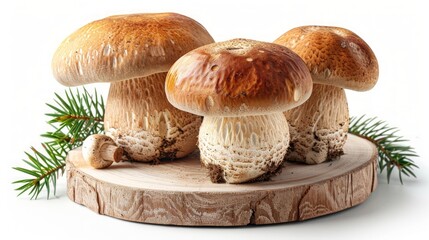 Three fresh porcini mushrooms on a wooden cutting board with spruce branches.