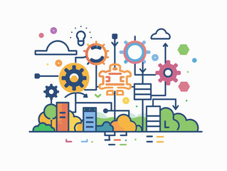A colorful drawing of gears and other mechanical parts. The image is a representation of a complex system, with many different parts working together to create a larger whole