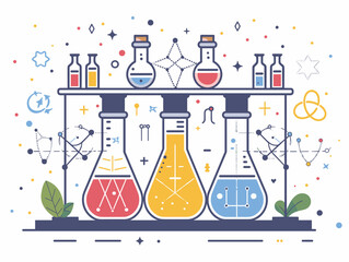 Three beakers with different colored liquids in them are on a shelf. The beakers are arranged in a row, with the middle one being the tallest. The image has a scientific theme, with the beakers