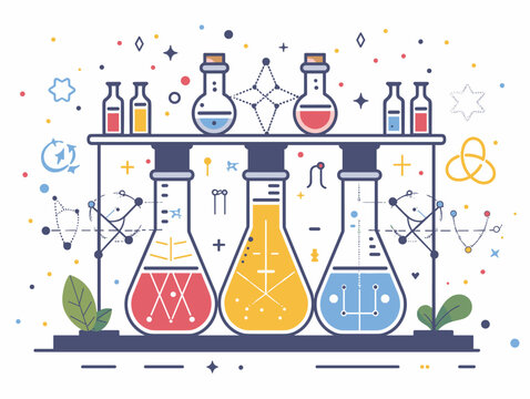 Three beakers with different colored liquids in them are on a shelf. The beakers are arranged in a row, with the middle one being the tallest. The image has a scientific theme, with the beakers