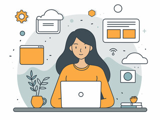 A woman is sitting at a desk with a laptop and a potted plant. She is smiling and she is enjoying her work. Concept of productivity and positivity