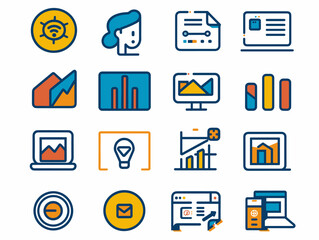 A collection of icons for various technology devices and applications. The icons include a laptop, a cell phone, a tablet, a computer monitor, a keyboard, a mouse, a camera, a smart watch