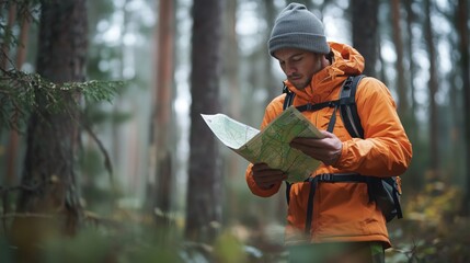 Fototapeta premium Hiker reading map in forest, wearing orange jacket