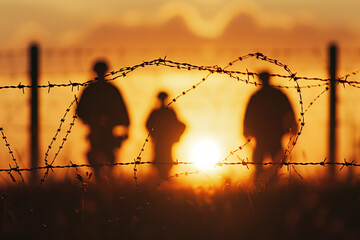Silhouettes behind barbed wire fence with people walking in front.