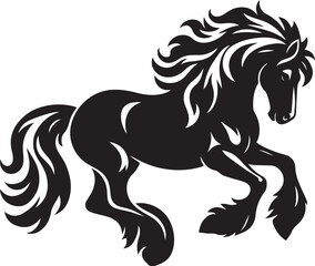 A black and white drawing of a horse with a black tail