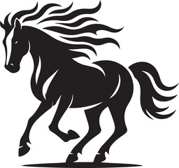 A black and white drawing of a horse with a black tail