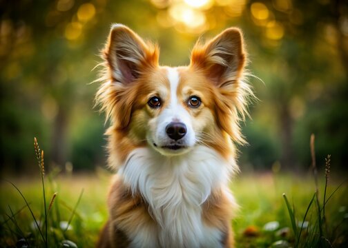 Adorable Phalene Dog Sitting Proudly with Fluffy Ears and Charming Expression in Natural Setting