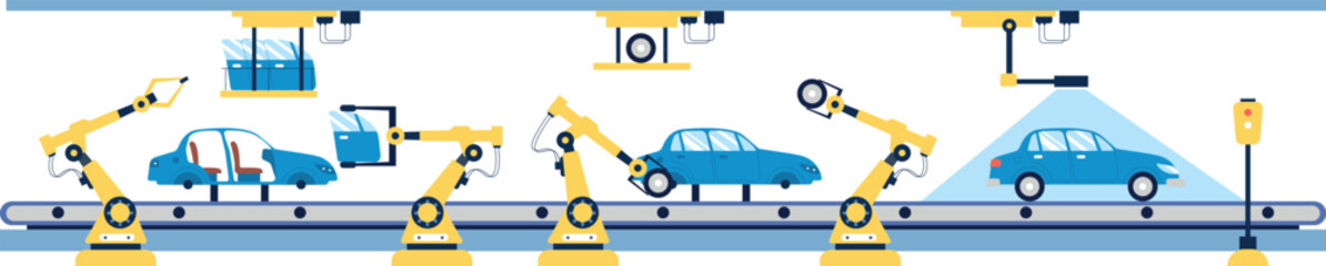 Naklejka premium Car factory automatic assembly line with robotic arms