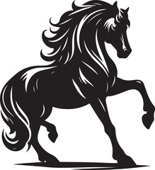 A black and white drawing of a horse with a black tail