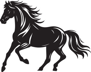 A black and white drawing of a horse with a black tail