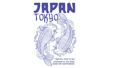 Fish line drawing. Japan art. Tokyo, Japan koi fish hand drawing vector illustration. Fish print for t-shirt graphic and other uses. Underwater animal.