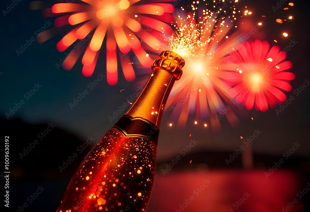 Wall mural champagne bottle and fireworks