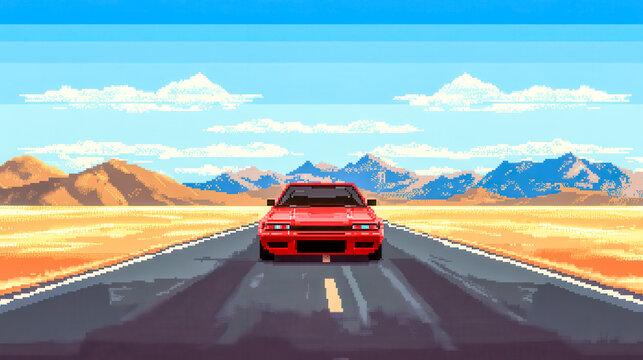 Red sports car driving on a desert road in pixel art