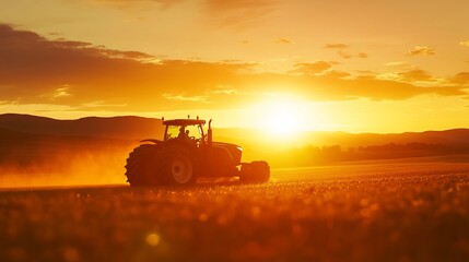 Fototapeta premium Tractor working on the farm, cultivating crops under the golden hues of sunset. This modern agricultural machine symbolizes the evolution of farming