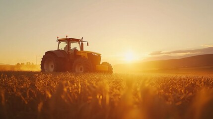 Fototapeta premium Tractor working on the farm, cultivating crops under the golden hues of sunset. This modern agricultural machine symbolizes the evolution of farming