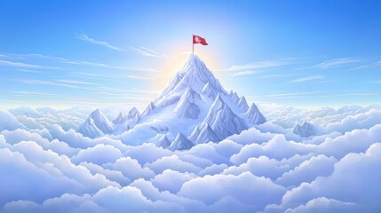 A majestic mountain peak rising above fluffy white clouds under a bright blue sky, topped with a flag. A serene and picturesque landscape.