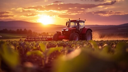 Fototapeta premium Tractor working on the farm, cultivating crops under the golden hues of sunset. This modern agricultural machine symbolizes the evolution of farming
