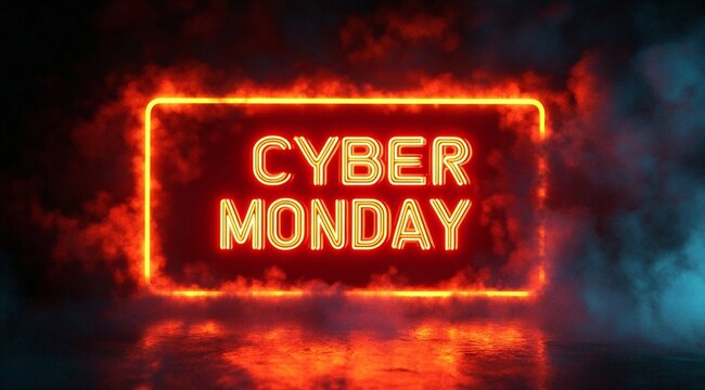 A futuristic "Cyber Monday" banner featuring glowing orange neon lights and bold yellow text against a high-tech backdrop. Dynamic light effects create a modern vibe, perfect for promoting a sale.