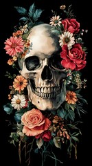Skull with Flowers, Floral on Black Background, Abstract Image, Texture, Pattern Background, Wallpaper, Cover and Screen for Smartphone, PC, Laptop, 9:16 and 16:9 Format