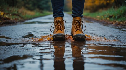 Shoes in a large puddle, causing water to splash. Autumn shoes in various bright colors. The area is wet and muddy, indicating recent rainfall.
