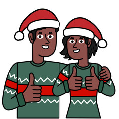 a black couple in Christmas sweaters giving a thumbs up, couple with christmas hat happy holidays concept, couple with christmas hat