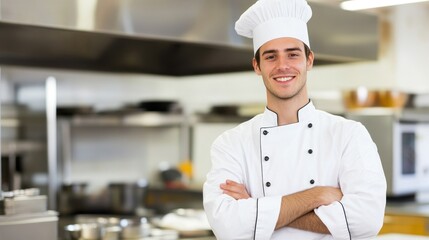 A confident chef stands with arms crossed in a bustling professional kitchen, wearing a traditional white uniform and hat, showcasing his dedication to culinary arts and hospitality