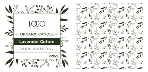 Rótulo, vela, estampa, folhas, natureza, minimalista, layout, ilustração, vetor, marca, adesivo, tag, grafismo, moldura, ornamento, padrão, textura