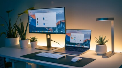A simple and modern desk setup for remote work, equipped with a slim laptop, wireless peripherals, and a second monitor for seamless multitasking.