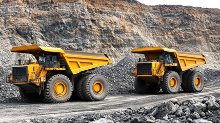 Two heavy-duty yellow dump trucks are parked side by side on a coal mining site