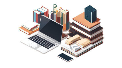 illustration of stack of books with laptop isolated on white